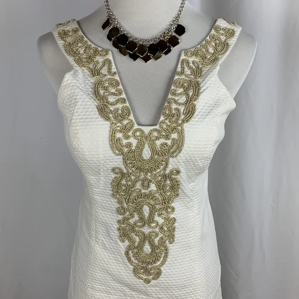 Lilly Pulitzer Suzette White Cotton Shift Dress with Gold Braid Trim - Picture 2 of 8